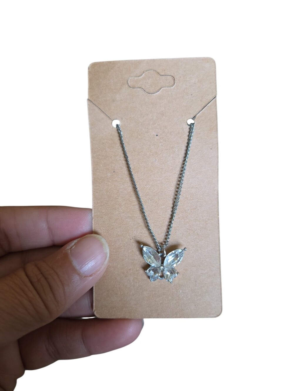 Silver Toned Crystal Butterfly Pendant Necklace 18" - Picture 2 of 2